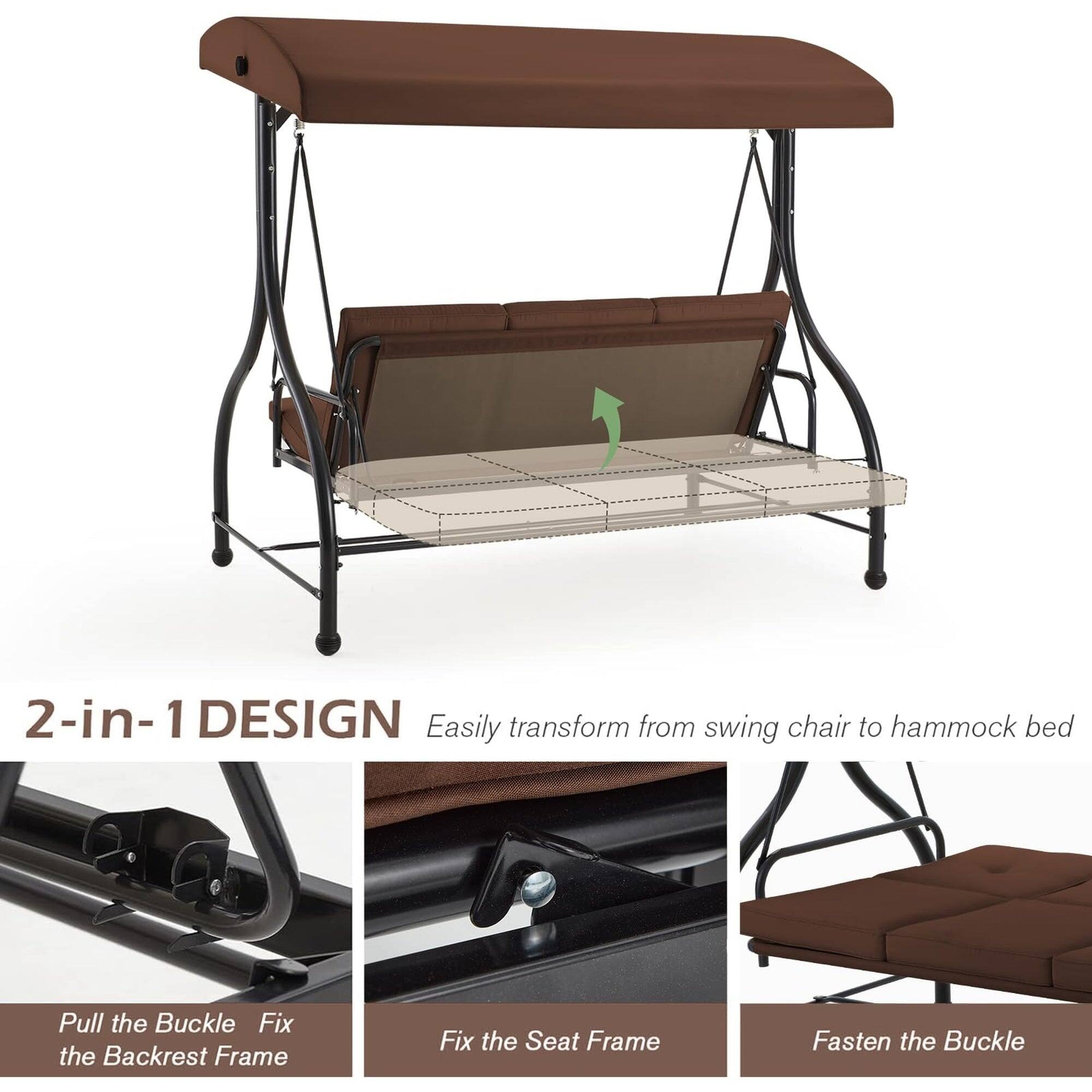 2-in-1 DESIGN  
Easily transform from swing chair to hammock bed  

Pull the Buckle  
Fix the Backrest Frame  

Fix the Seat Frame  

Fasten the Buckle