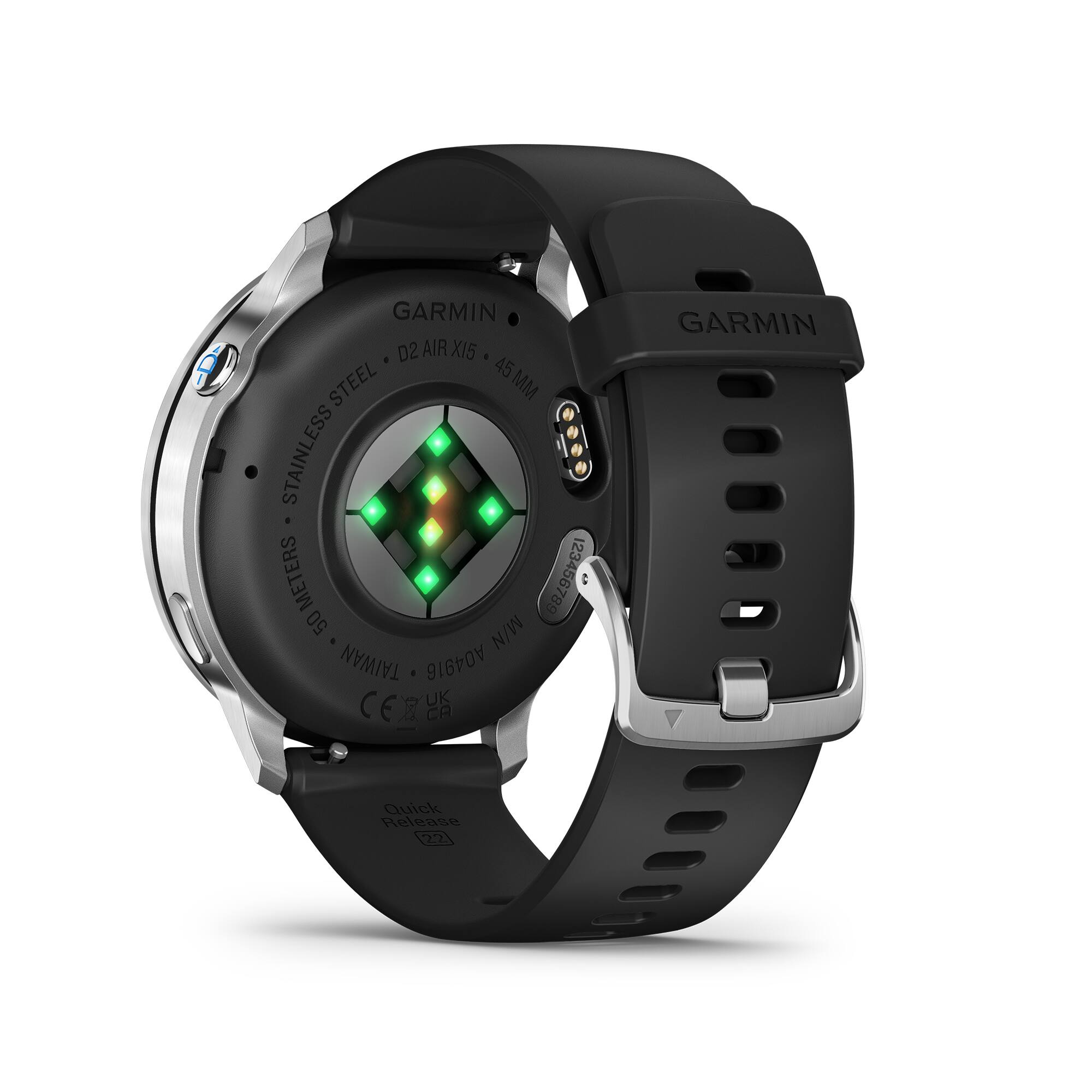 GARMIN D2 AIR X15  
45 MM STAINLESS STEEL  
123456789  
TAIWAN  
A04916  
CE UK CA  
GARMIN Quick Release  
2:2