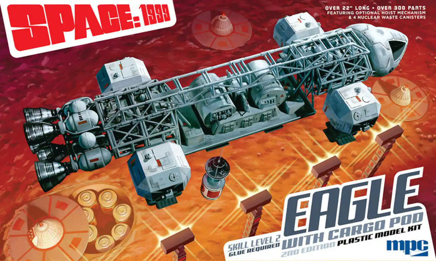 1999 SPACE: 1999  
OVER 22" LONG • OVER 300 PARTS  
FEATURING OPTIONAL HOIST MECHANISM & 4 NUCLEAR WASTE CANISTERS  
EAGLE 2 CARGO POD  
PLASTIC MODEL KIT  
SKILL LEVEL 2  
GLUE REQUIRED  
2ND EDITION  
mpc