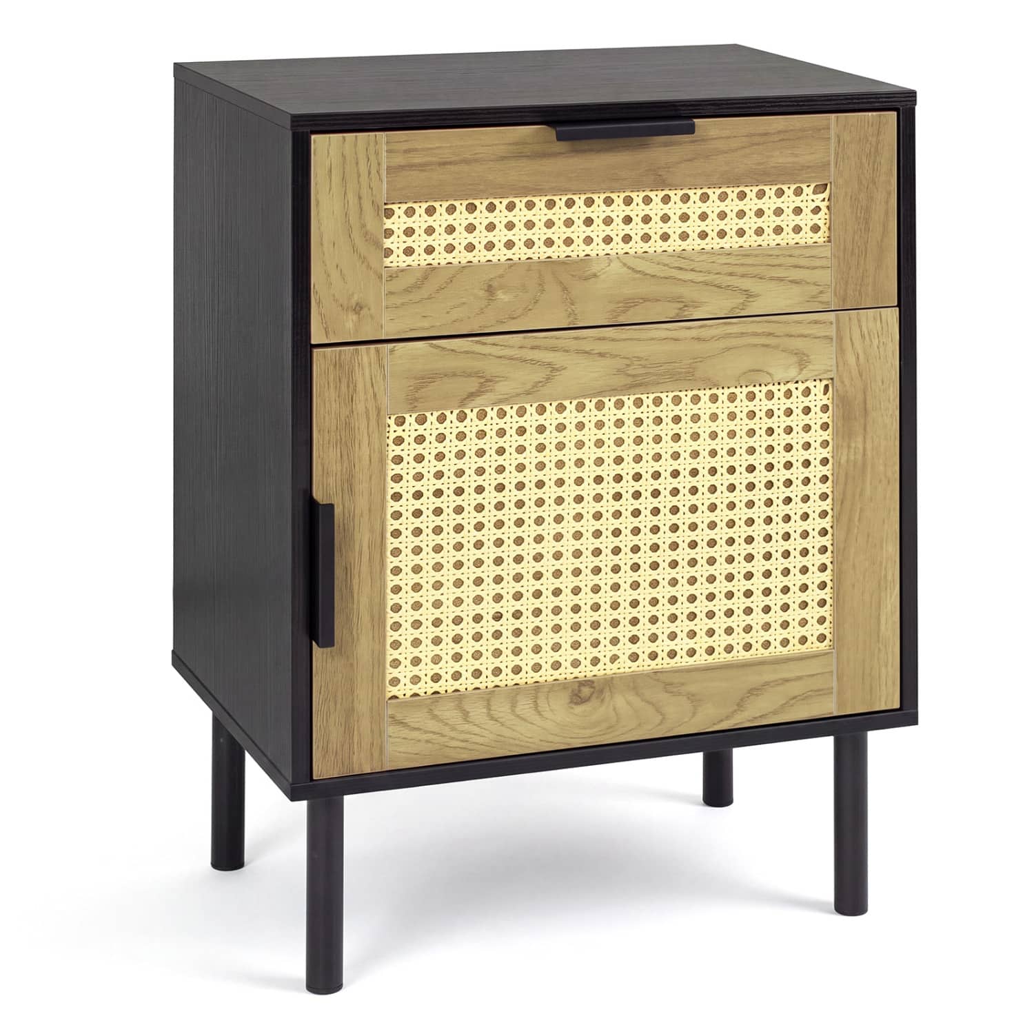 WELLFOR - Rattan Nightstand with Drawer and Storage Cabinet for Bedroom or Dorm - Black