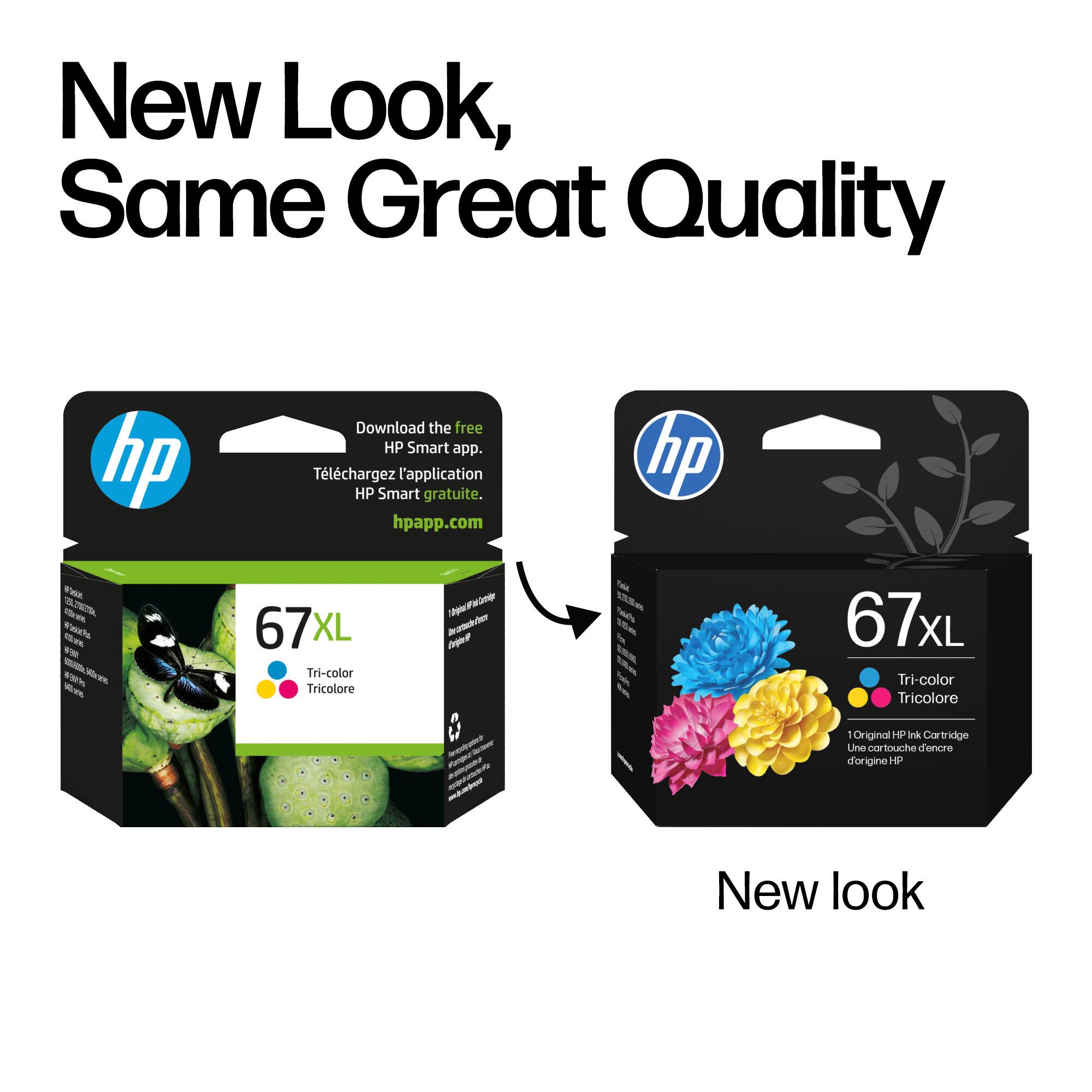 New Look, Same Great Quality

Download the free HP Smart app.  
Téléchargez l'application HP Smart gratuite.  
hpapp.com

67XL  
Tri-color  
Tricolore

New look