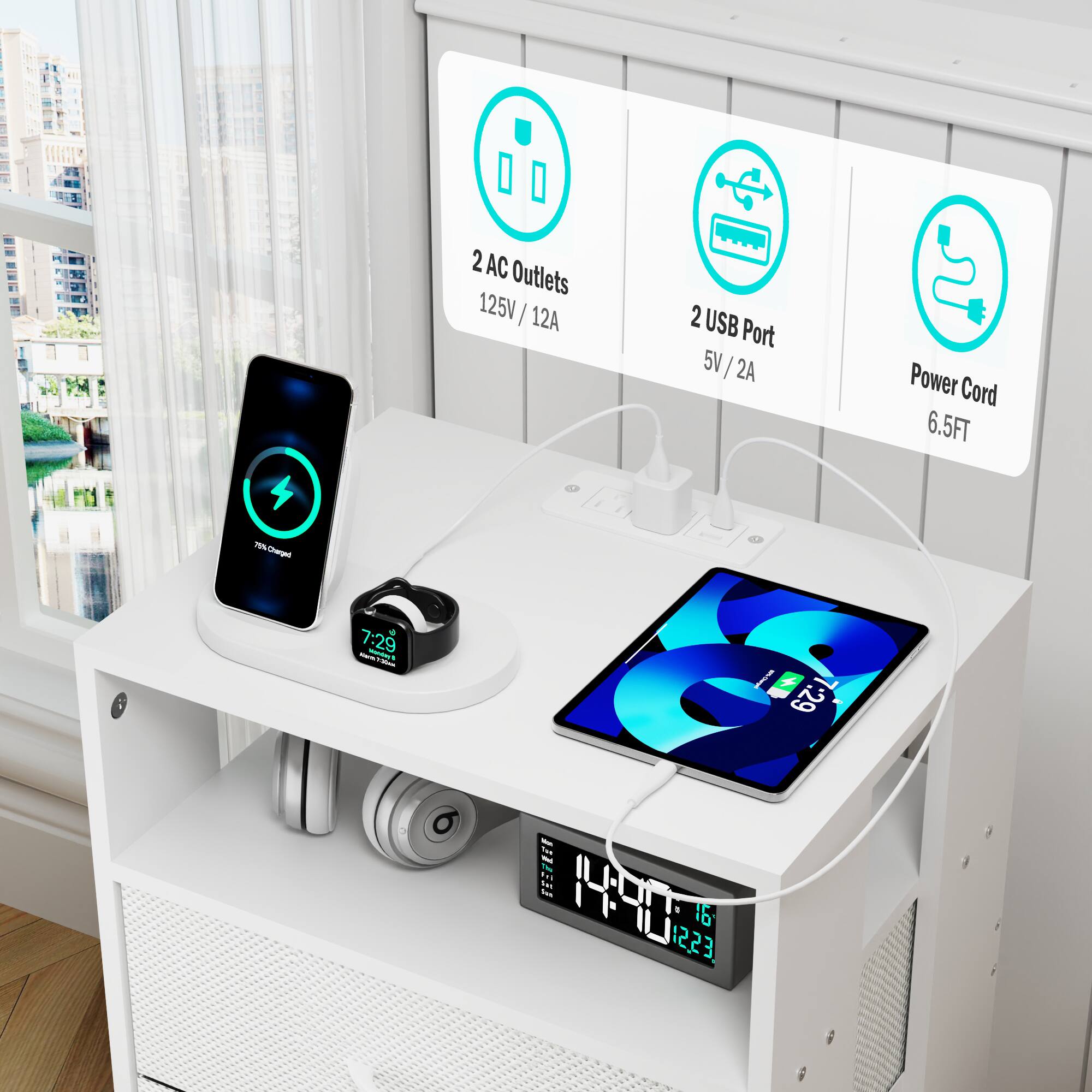 A wg a 7:29 - - - 2 AC Outlets 125V / 12A 2 USB Port 5V / 2A Power Cord 6.5FT / d S :29 FRE OPH 1223 d

Corrected text:
- 2 AC Outlets 125V / 12A
- 2 USB Port 5V / 2A
- Power Cord 6.5FT