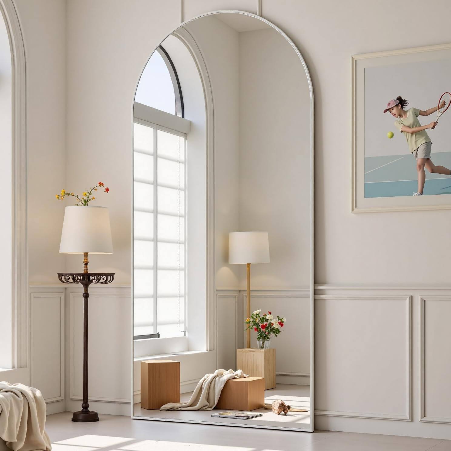 Front. Hanke - Arched Full Length Mirror Large Floor Body Mirrors For Leaning Or Hanging Standing Bedroom Living Room - White 71"L x 26"W.