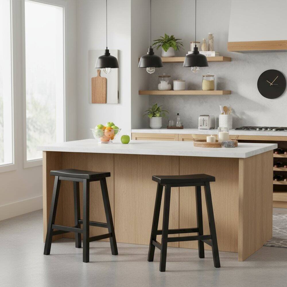 Alt View 2. FurniFact - Black Solid Wood Saddle Seat Bar Stool, 24 Inch Stool for Counter Dining - Black.