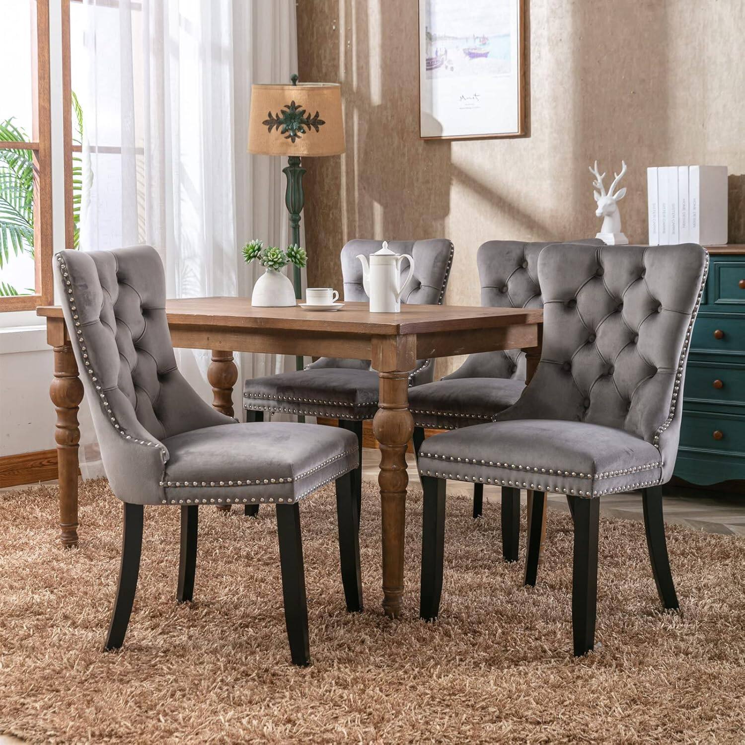 Alt View 2. Trinkets Crazed - Velvet Dining Chairs Set of 2, Upholstered High-end Tufted Dining Room Chair with Wood Legs Nailhead Trim for Kitchen - gray.