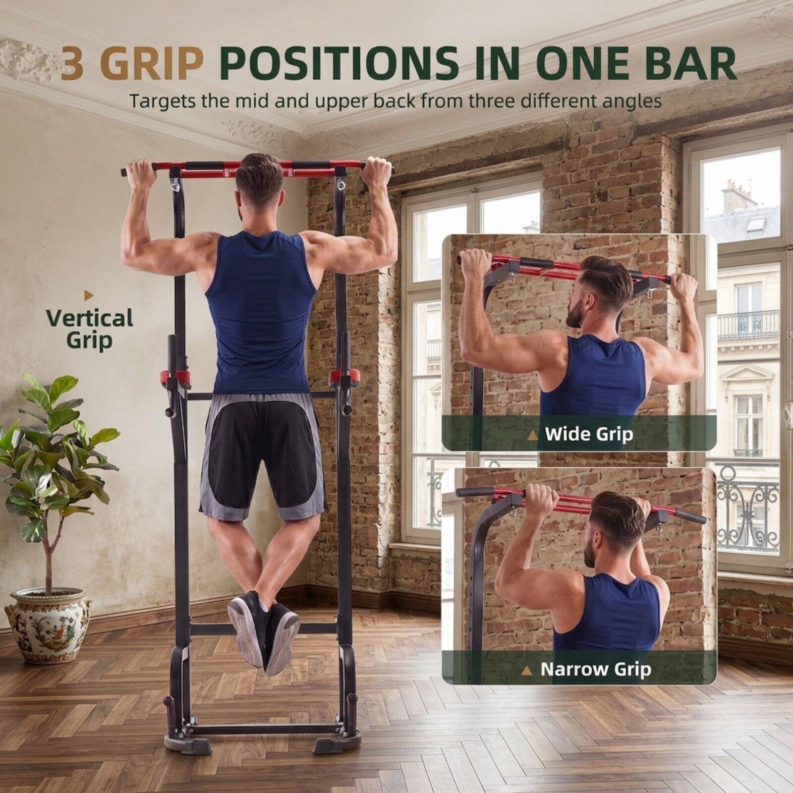 3 GRIP POSITIONS IN ONE BAR  
Targets the mid and upper back from three different angles

Vertical Grip  
Wide Grip  
Narrow Grip