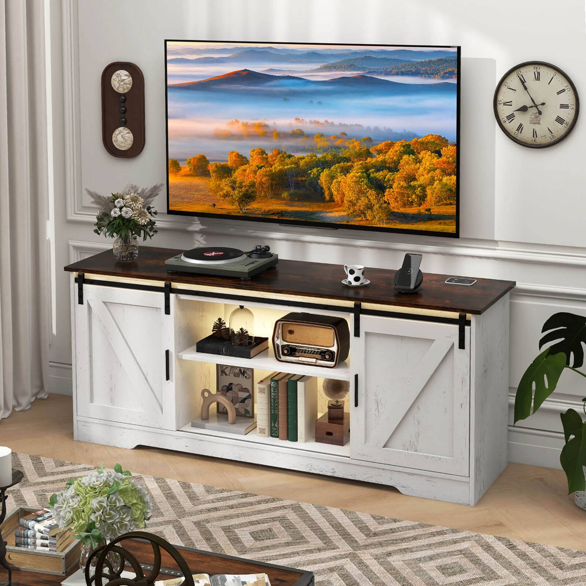Alt View 12. Costway - TV Stand for 65” TVs with LED Lights Adjustable Brightness Human Induction - Brushed White.