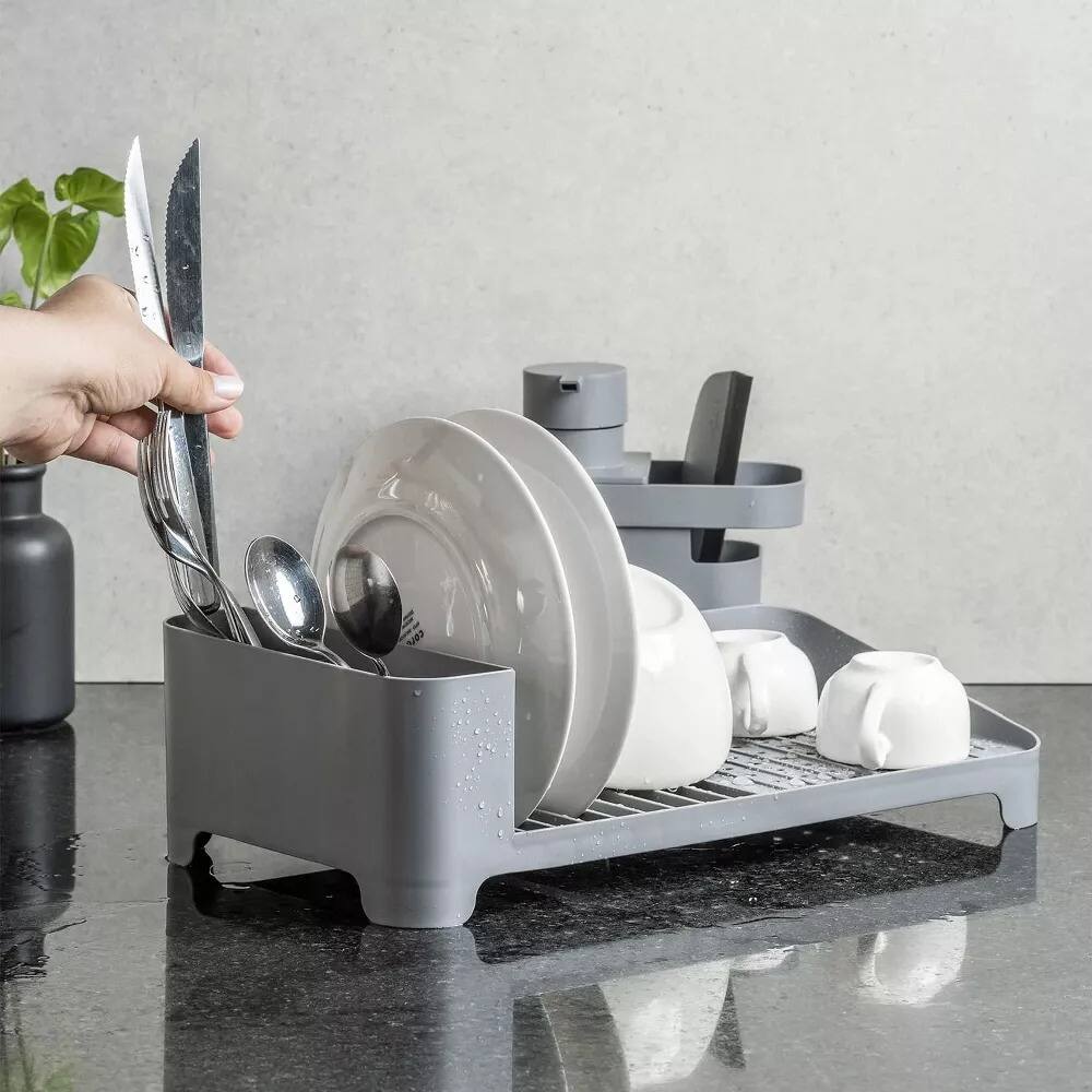 Alt View 1. OU - OU Dish Drying Rack, Freestanding Polypropylene Dish Drying Rack with Utensil Holder - 16" x 8" - Beige - Beige.