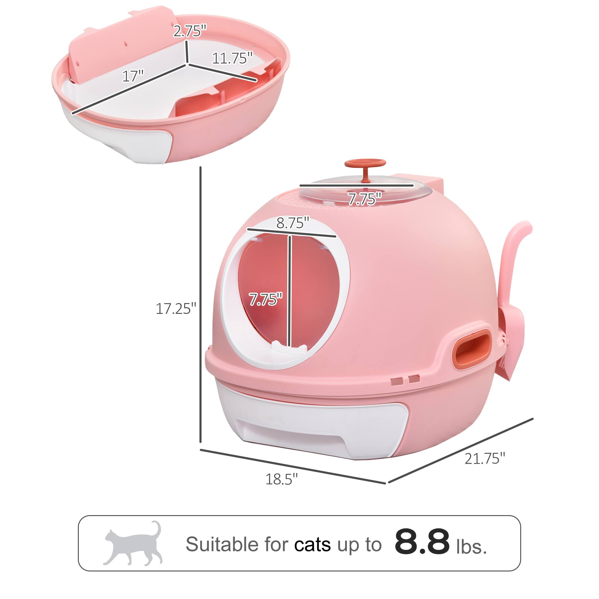 17" x 2.75" x 11.75"  
17.25" x 7.75" x 8.75"  
18.5" x 21.75"  

Suitable for cats up to 8.8 lbs.
