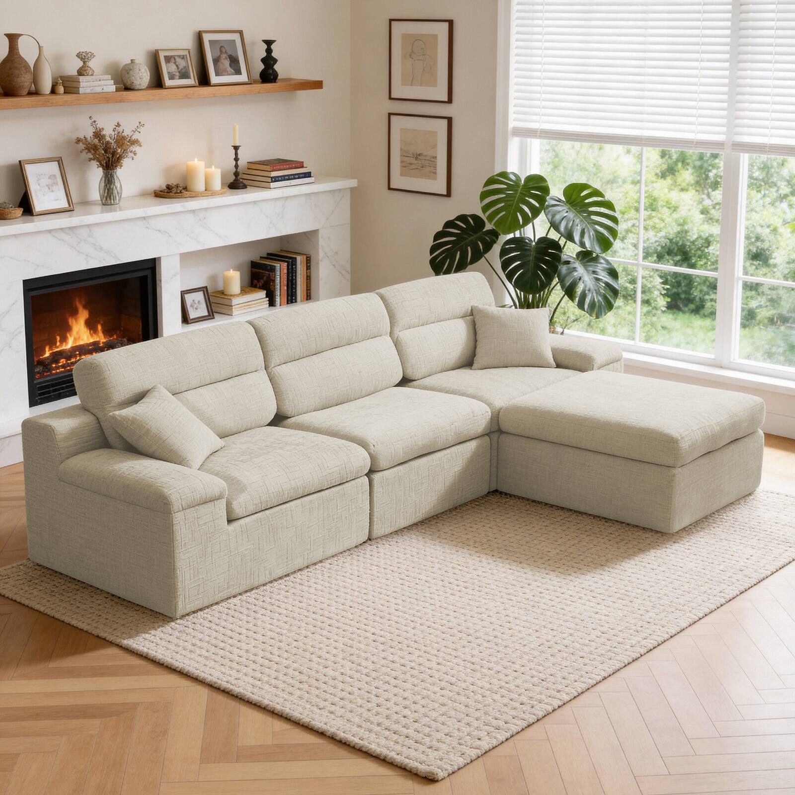 Anysun - L-Shape Chenille Corner Chaise Sofa with High Backrest - Compressed Sponge, No Assembly for Living Room & Apartment - Greenish Gray