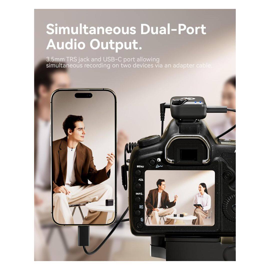 Simultaneous Dual-Port Audio Output. 3.5mm TRS jack and USB-C port allowing simultaneous recording on two devices via an adapter cable. MENU INFO.