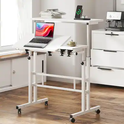 Front. Babevy - 31" Adjustable Mobile Standing Desk with Wheels, Sit-Stand Desk, Portable Rolling Computer Desk - White.