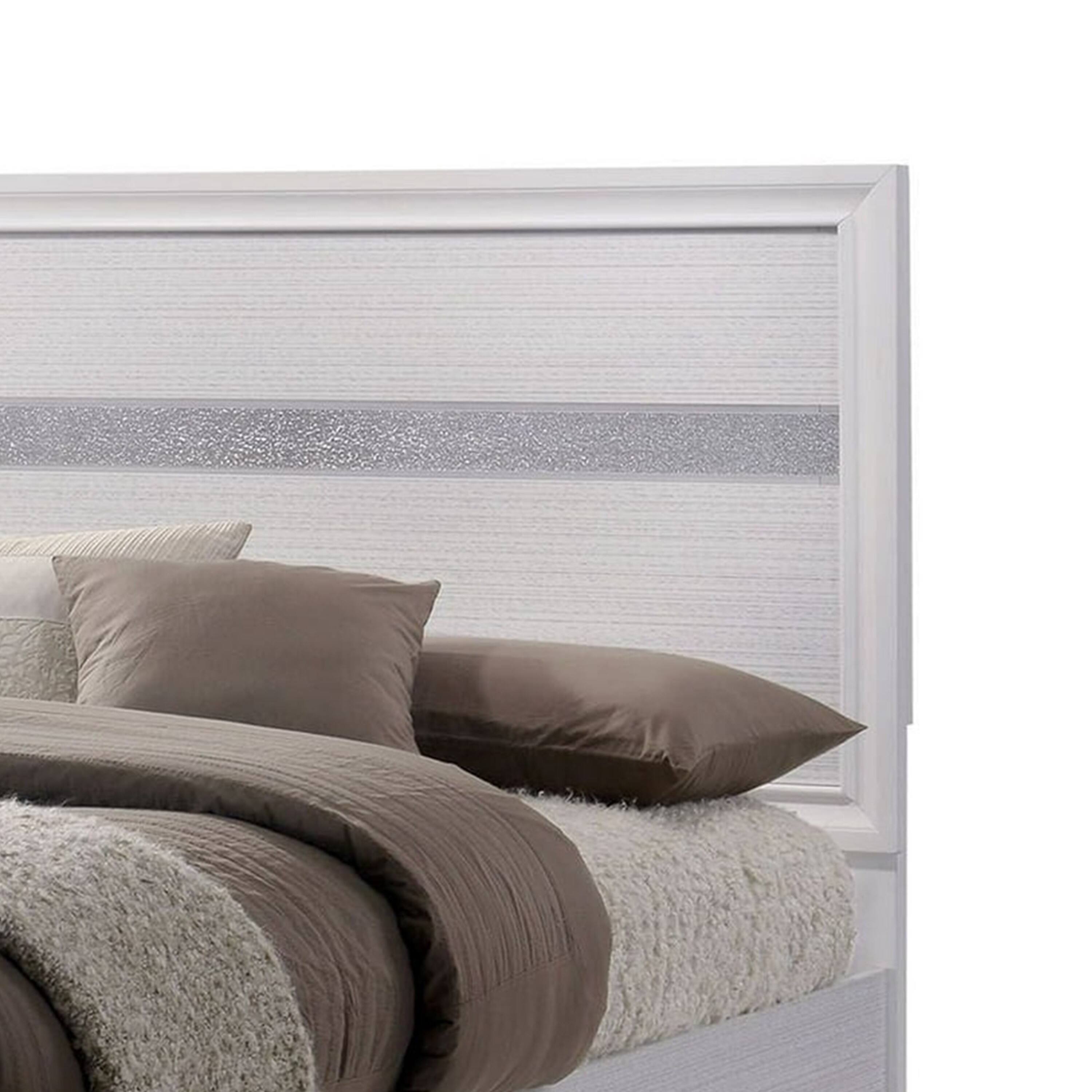 Left. Manhattan Lane - Cevy Full Size Bed, Footboard Drawers, White Wood w Glitter Accents - White, Silver.