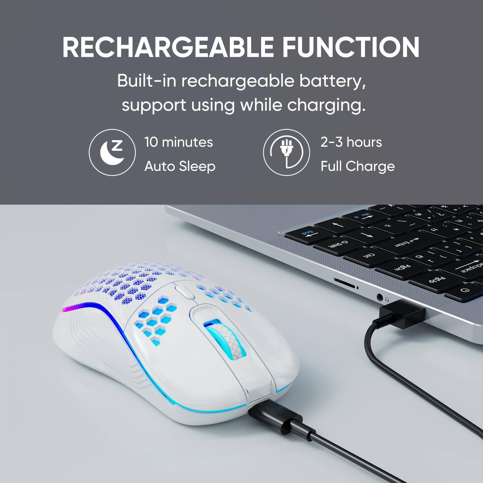RECHARGEABLE FUNCTION  
Built-in rechargeable battery, support using while charging.  
10 minutes Auto Sleep  
2-3 hours Full Charge