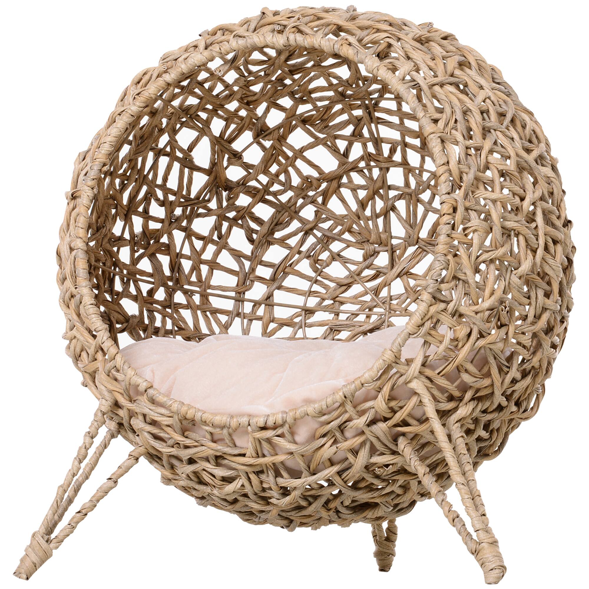 Alt View 6. Siljoy - 20.5" Hand‑Woven Banana Leaf Cat Bed, Elevated Egg Chair with Cushion & Tripod Base, Beige - Beige.