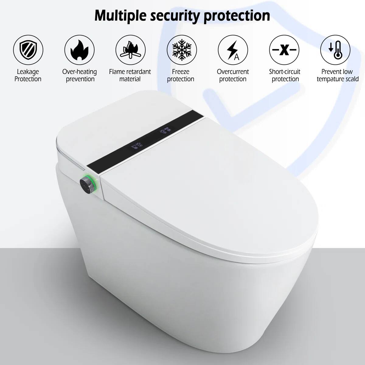 Multiple security protection  
- Leakage Protection  
- Over-heating prevention  
- Flame retardant material  
- Freeze protection  
- Overcurrent protection  
- Short-circuit protection  
- Prevent low temperature scald