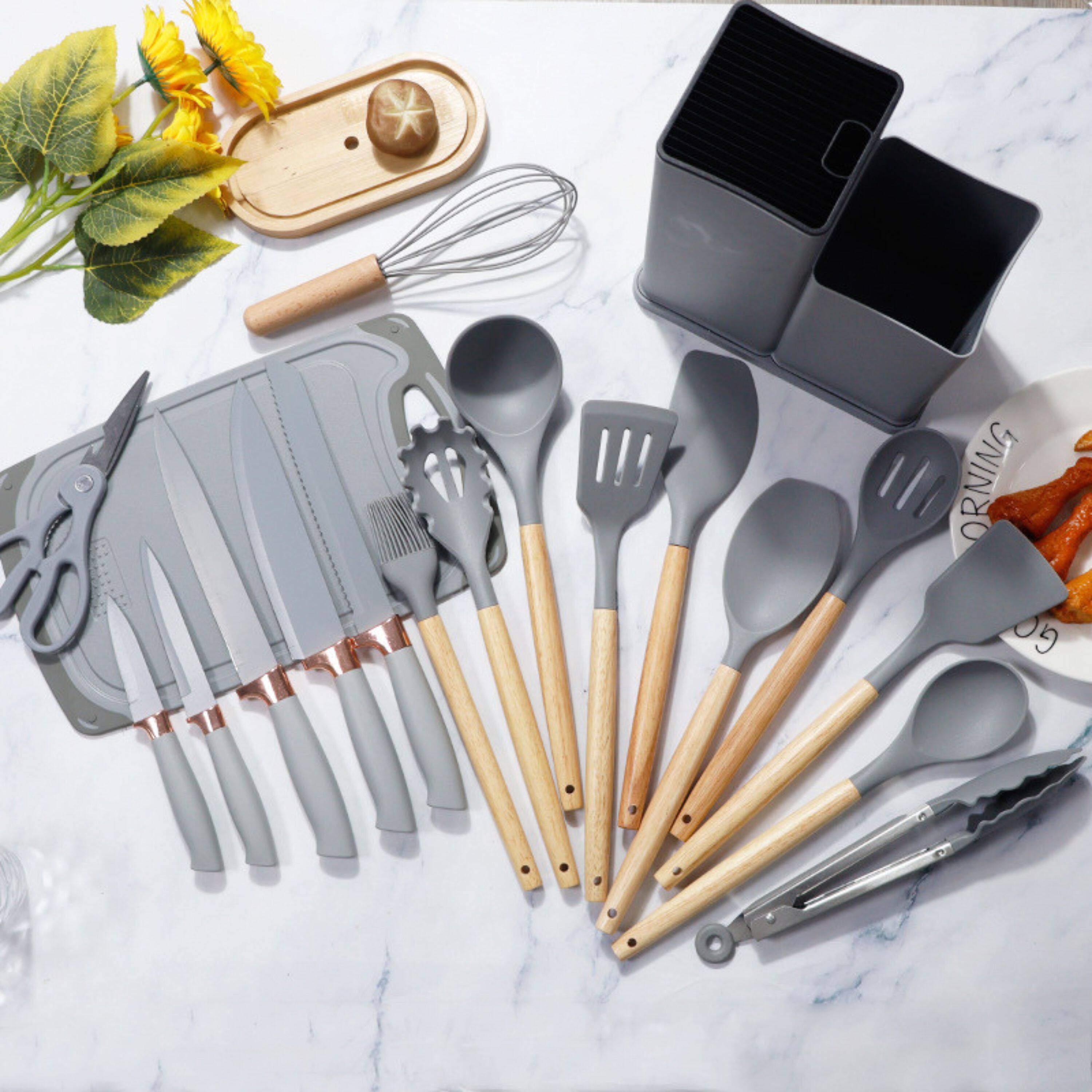 Angle. Kitcheniva - Stainless Steel Knife Set with Food Grade Silicone Utensil Set, 18-Piece Set.