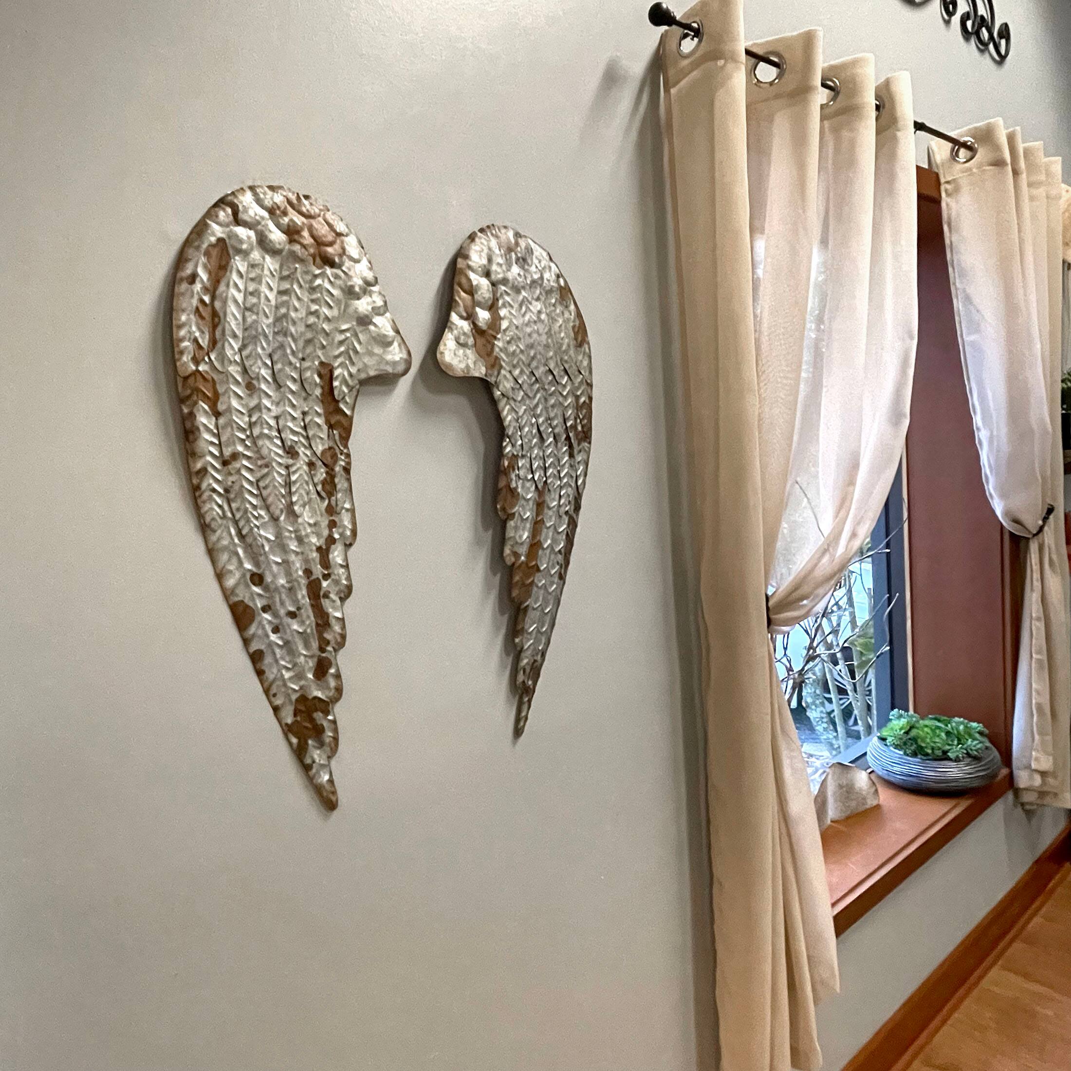 Alt View 4. Zeckos - Galvanized Metal Rustic Angel Wings Wall Decor Set - Gray.