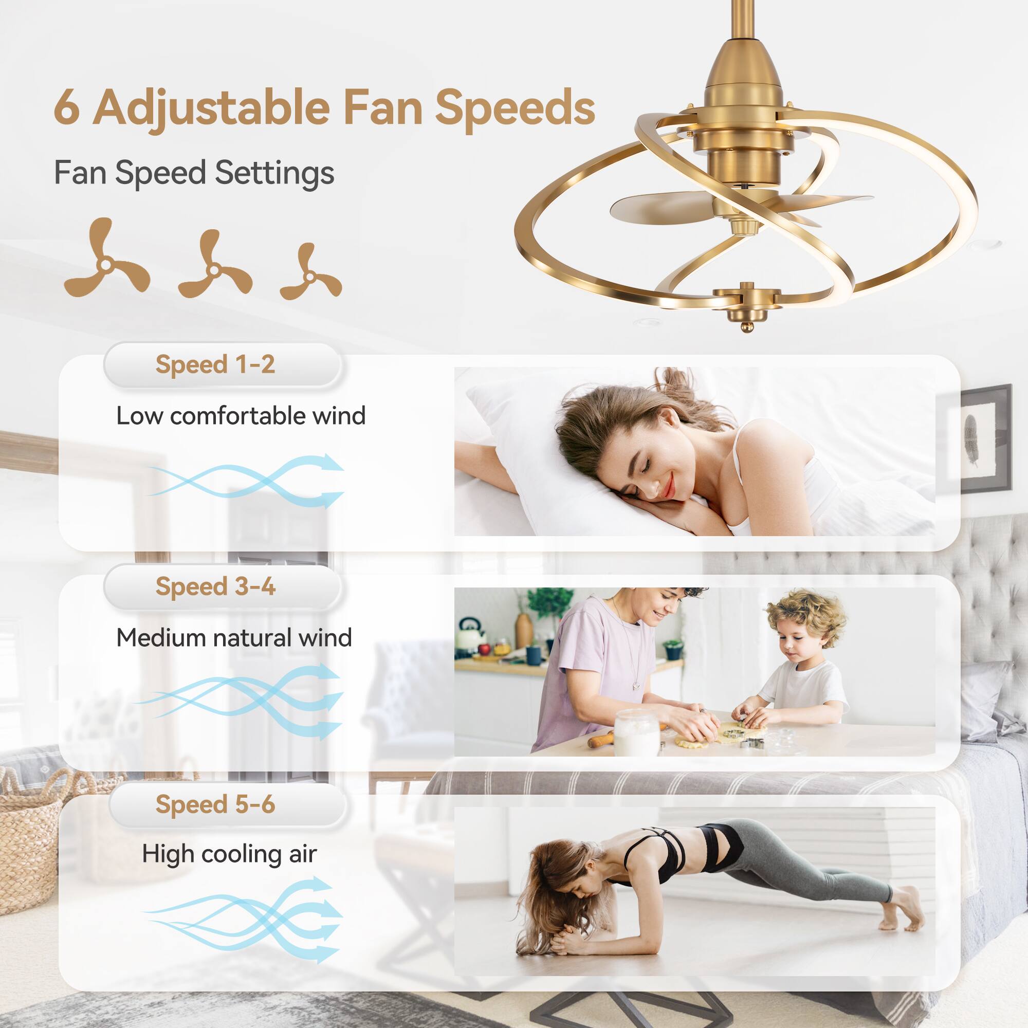 6 Adjustable Fan Speeds
Fan Speed Settings
Speed 1-2 Low comfortable wind
Speed 3-4 Medium natural wind
Speed 5-6 High cooling air