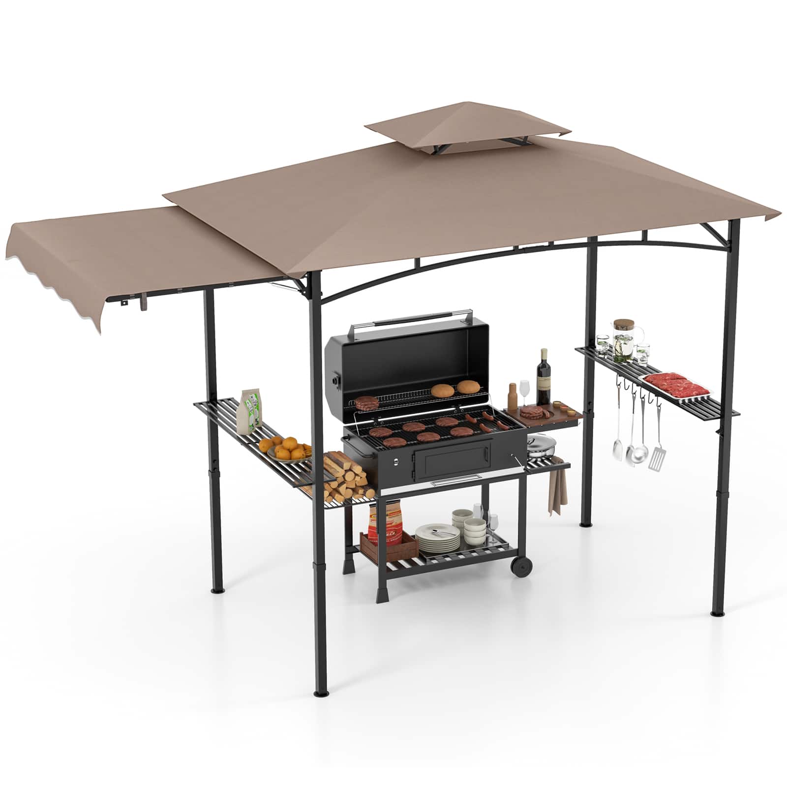 Gymax - 11 x 5 FT Grill BBQ Gazebo w/ Side Awning Double-Tiered Top 2 Side Shelves - Brown price history on PriceWatchPro
