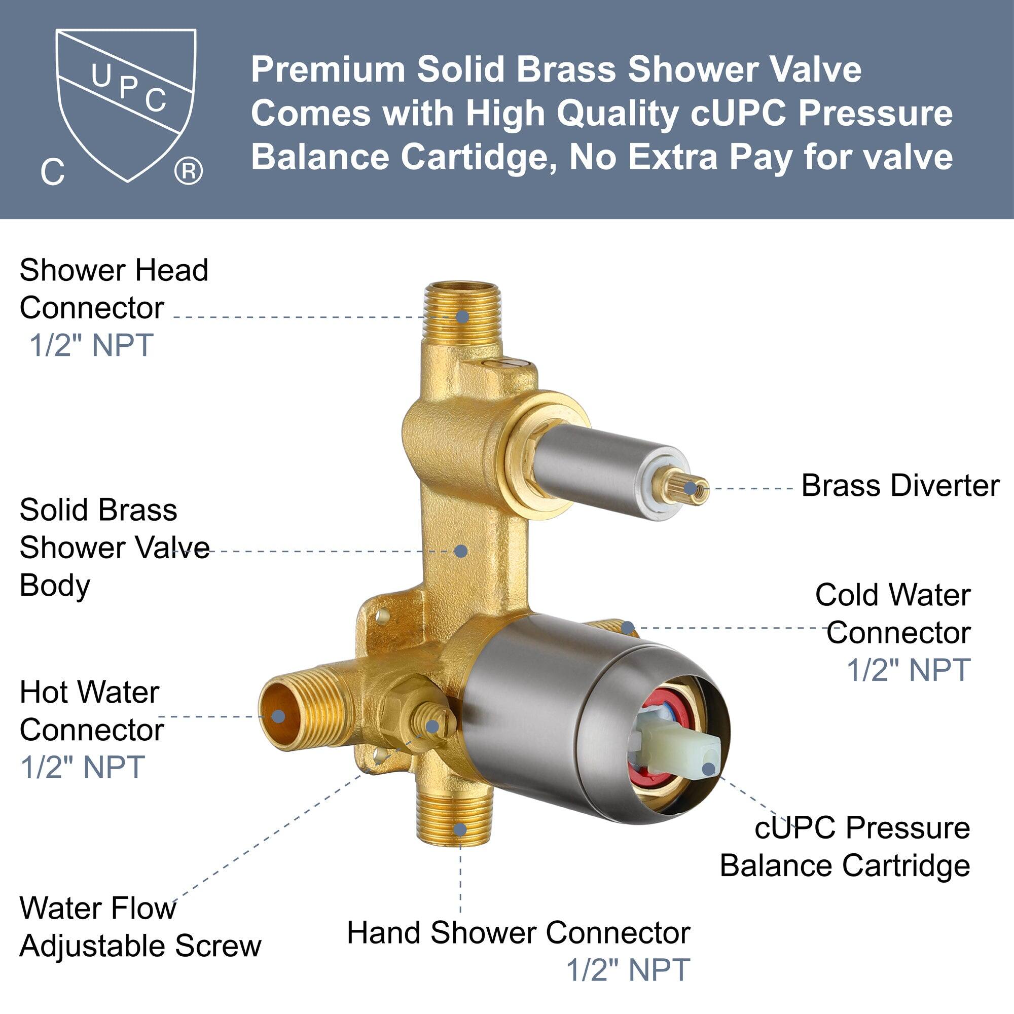 Premium Solid Brass Shower Valve  
Comes with High Quality cUPC Pressure Balance Cartridge, No Extra Pay for valve  

- Shower Head Connector 1/2" NPT  
- Solid Brass Shower Valve Body  
- Hot Water Connector 1/2" NPT  
- Water Flow Adjustable Screw  
- Hand Shower Connector 1/2" NPT  
- Brass Diverter  
- Cold Water Connector 1/2" NPT  
- cUPC Pressure Balance Cartridge