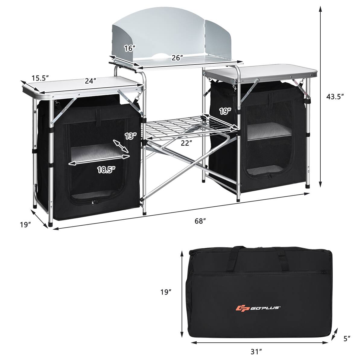 The text on the image reads: 16" 26" 15.5" 24" 43.5" 19 13" 22" 18.5 19" 68" 19" G SOPLUS 5" 31".