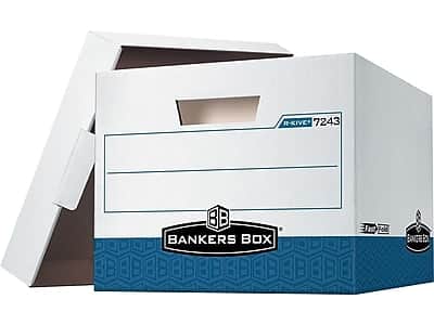 Bankers Box - R-Kive Heavy-Duty FastFold File Storage Boxes, Lift-Off Lid, Letter/Legal Size, White/Blue, 4/Carton - White and Blue price history on PriceWatchPro