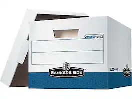 Bankers Box - R-Kive Heavy-Duty FastFold File Storage Boxes, Lift-Off Lid, Letter/Legal Size/Blue, 4/Carton - White and Blue