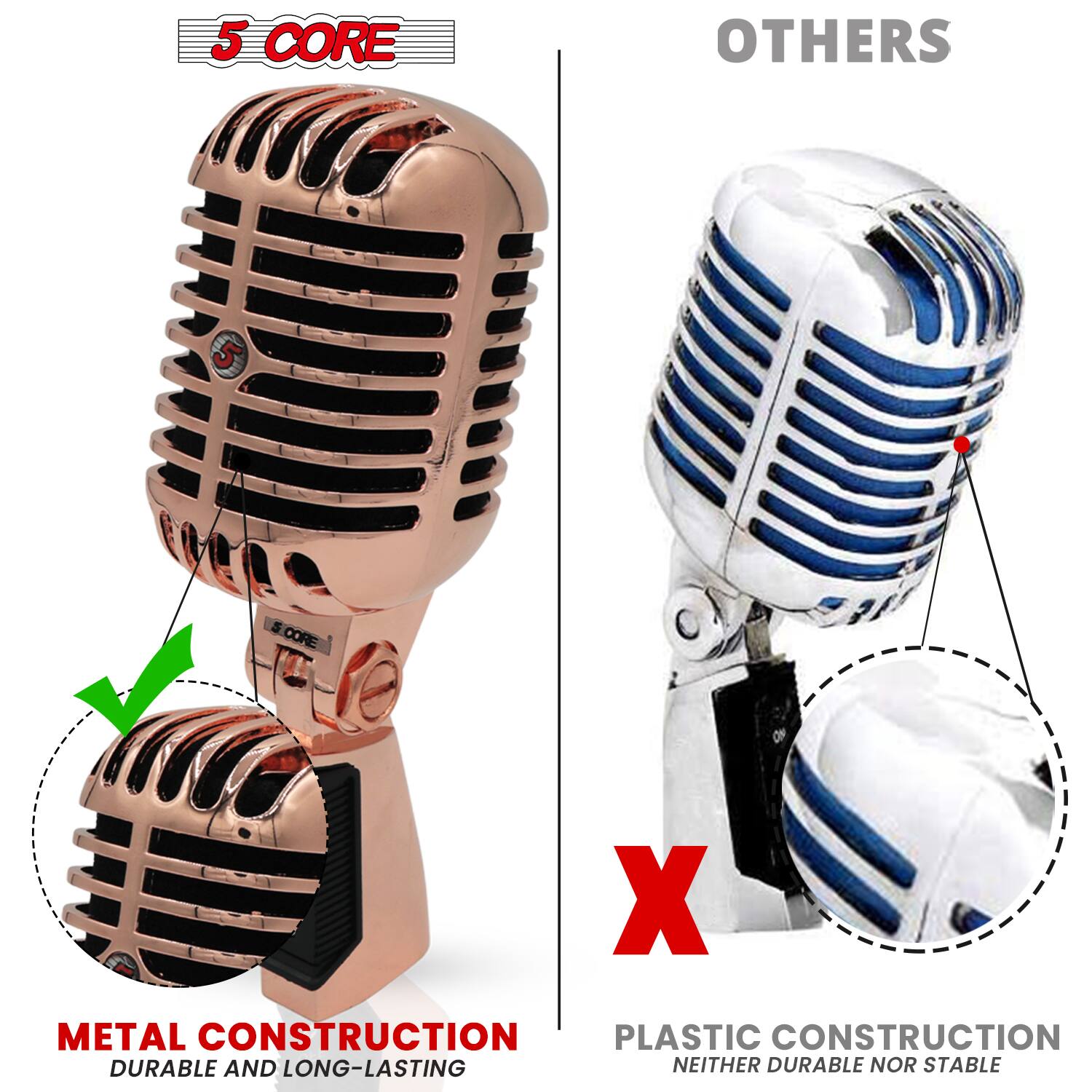 5 CORE  
METAL CONSTRUCTION  
DURABLE AND LONG-LASTING  

OTHERS  
PLASTIC CONSTRUCTION  
NEITHER DURABLE NOR STABLE
