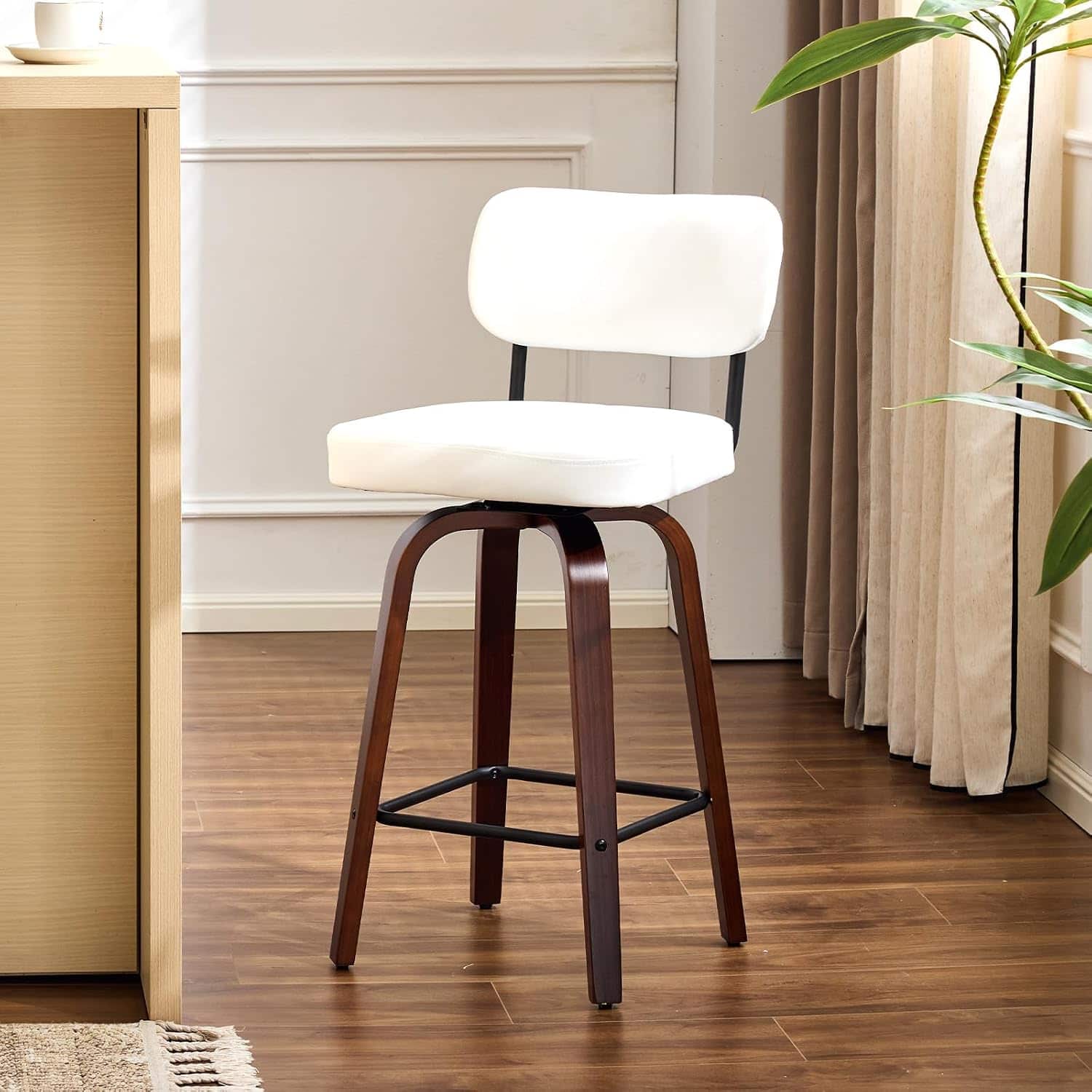 Winado - Modern Bar Stool 26" H, PU Leather 360° Swivel, Solid Wood Legs Barstools for Kitchen Island & Home Bar - Beige Fabric-Set of 1