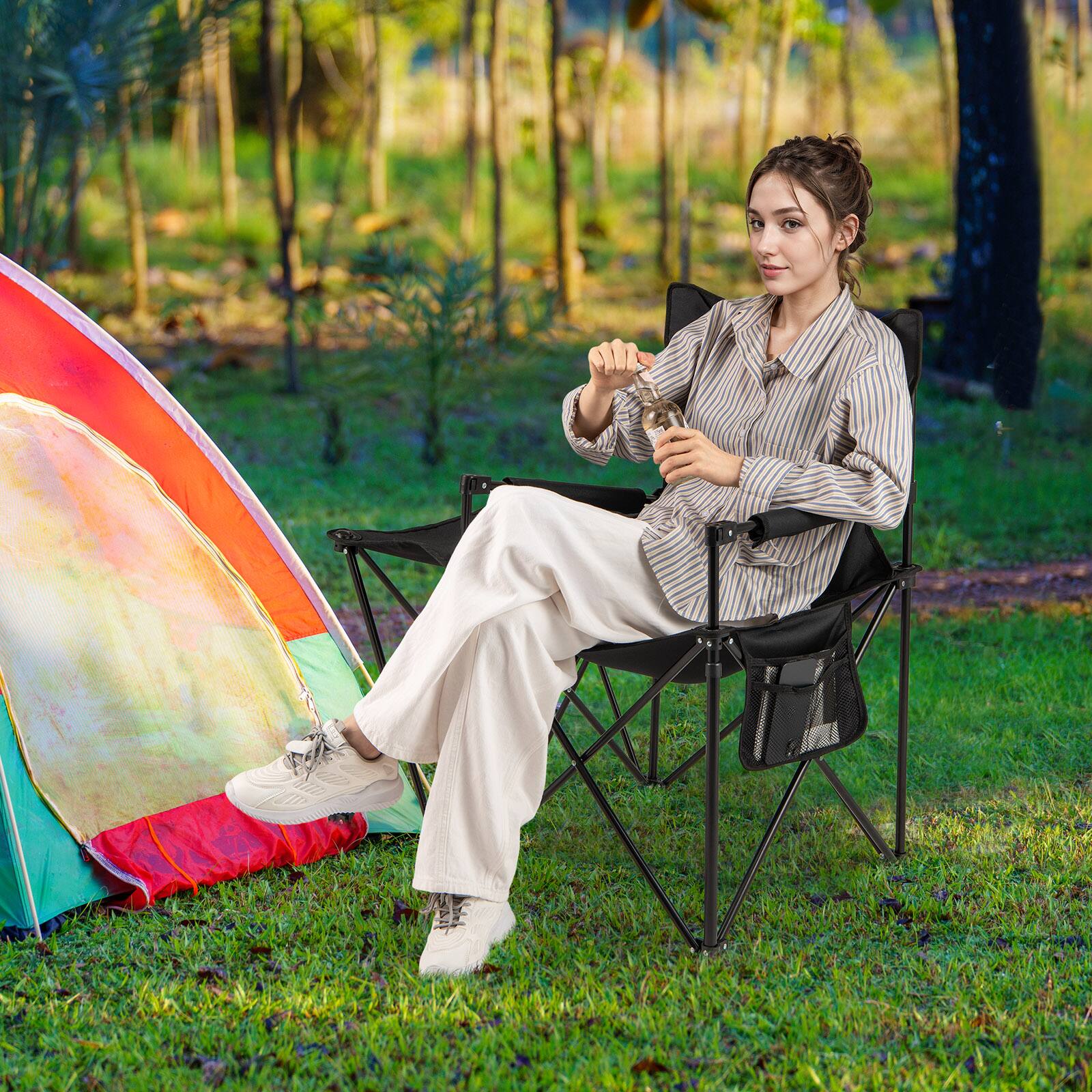 Alt View 3. Gymax - Gymax Oversized Camping Chair w/Side Table 2 Storage Pockets Cup Holder for Fishing Black - Black.