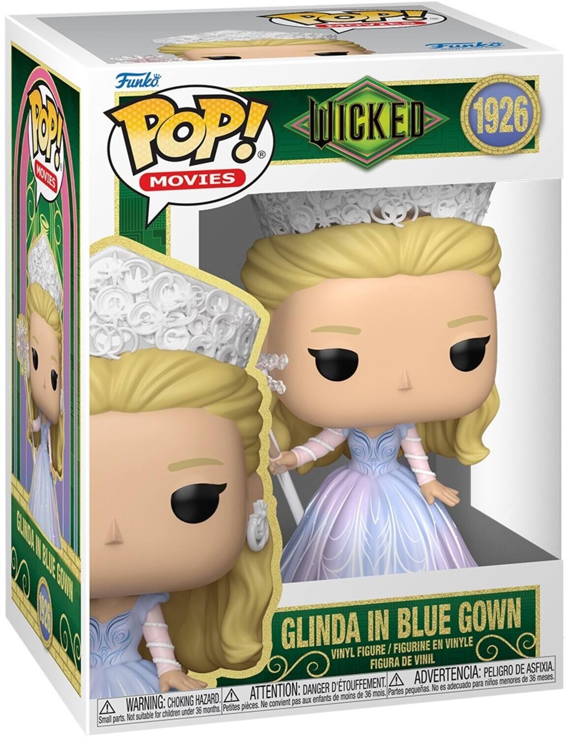 Sure, here is the corrected and grouped text from the image:

---

**Funko POP! MOVIES**

**WICKED 1926**

**GLINDA IN BLUE GOWN**

**VINYL FIGURE / FIGURINE EN VINYLE / FIGURA DE VINIL**

**WARNING: CHOKING HAZARD. Small parts. Not suitable for children under 36 months.**

**ADVERTENCIA: PELEIGRO DE ASFIXIA. D'TOUFFEMENT. ADVERTENCIA: para niños menores de 36 meses.**

**ATTENTION: DANGER D'ÉTOUFFEMENT. ATTENTION: enfants de moins de 36 mois, Petites pièces.**

**GLINDA IN BLUE GOWN**

**VINYL FIGURE / FIGURINE EN VINYLE / FIGURA DE VINIL**

**ADVERTENCIA: PELEIGRO DE ASFIXIA. D'TOUFFEMENT. ADVERTENCIA: para niños menores de 36 meses.**

**ATTENTION: DANGER D'ÉTOUFFEMENT. ATTENTION: enfants de moins de 36 mois, Petites pièces.**

---

This text is from the packaging