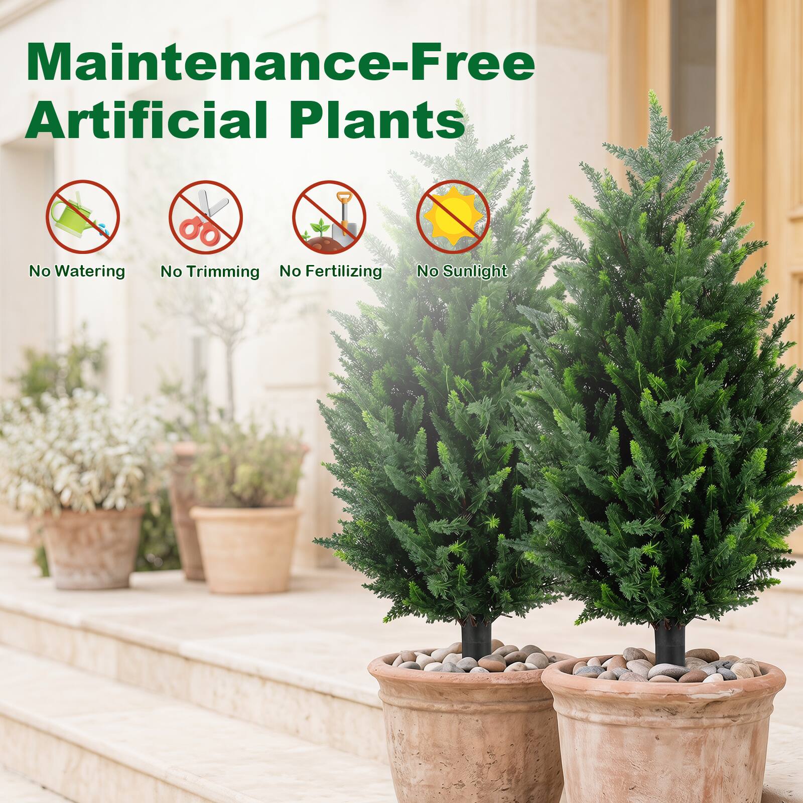 Maintenance-Free Artificial Plants

No Watering
No Trimming
No Fertilizing
No Sunlight