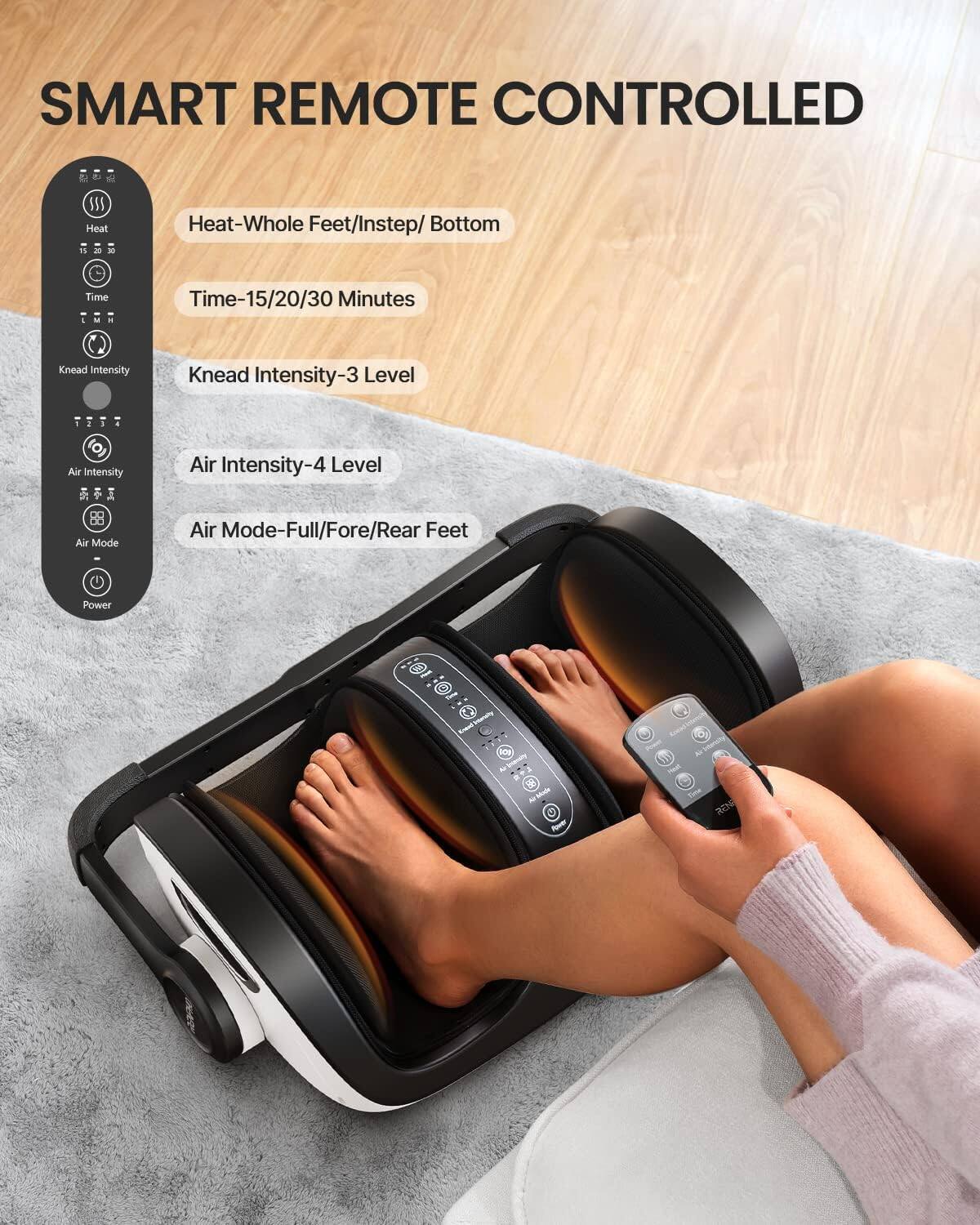 SMART REMOTE CONTROLLED

- Heat: Whole Feet/Instep/Bottom
- Time: 15/20/30 Minutes
- Knead Intensity: 3 Level
- Air Intensity: 4 Level
- Air Mode: Full/Fore/Rear Feet