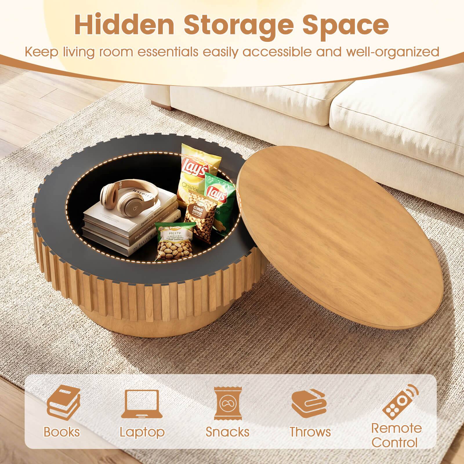 Hidden Storage Space  
Keep living room essentials easily accessible and well-organized  

Books  
Laptop  
Snacks  
Throws  
Remote Control