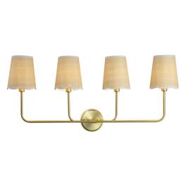 Jonathan Y - Lila 36.5" 4-Light Traditional Coastal Scalloped Fabric Shade/Metal LED Vanity Light, Brass Gold/Brown - Brown/White/Brass Gold