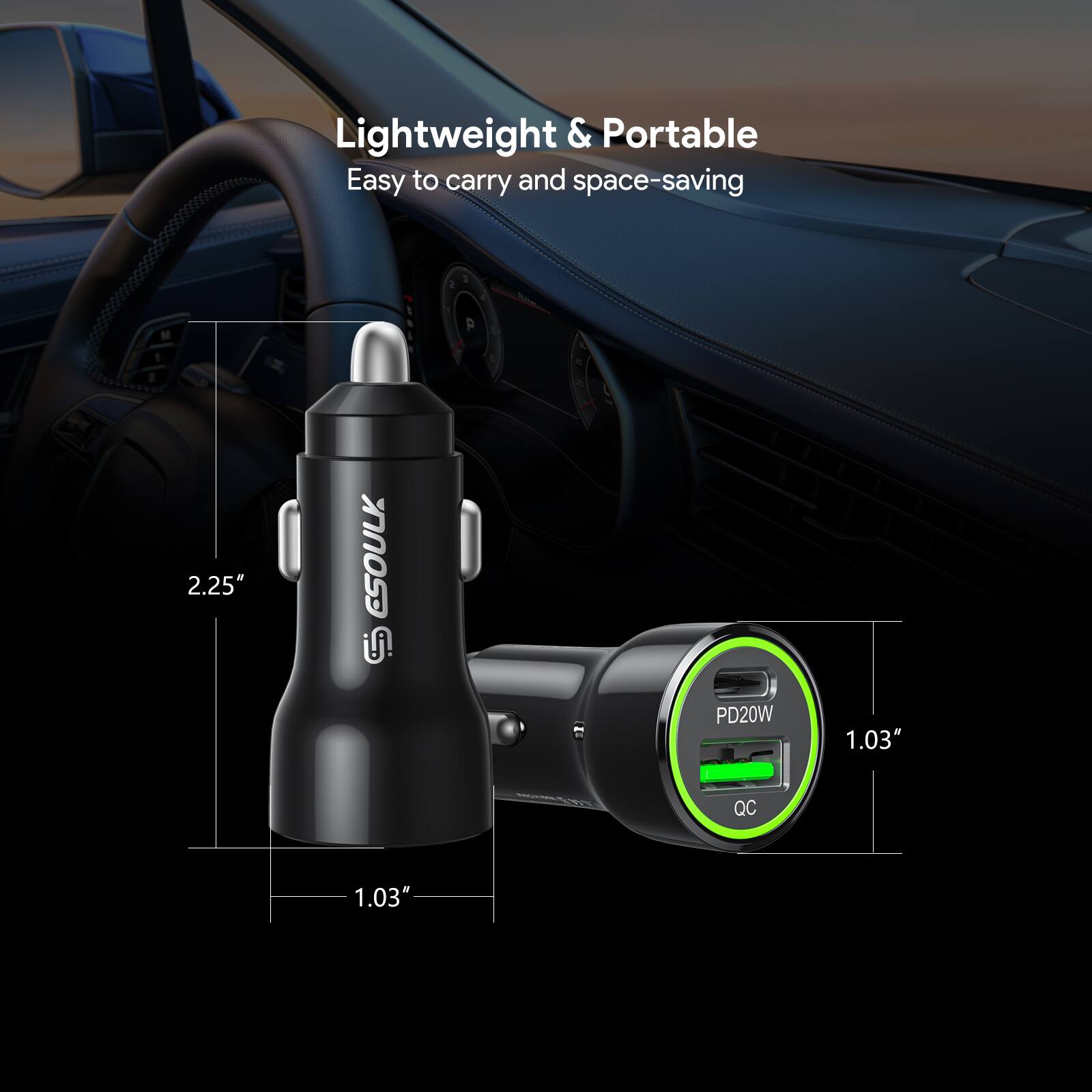 Lightweight & Portable  
Easy to carry and space-saving  
2.25"  
1.03"  
PD20W  
QC