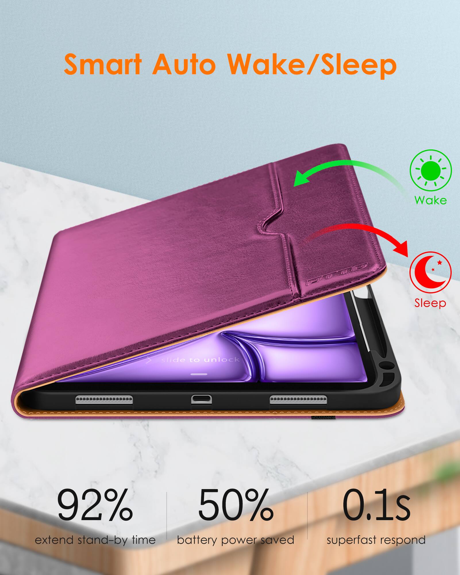 Smart Auto Wake/Sleep

- 92% extend stand-by time
- 50% battery power saved
- 0.1s superfast respond

Wake
Sleep

slide to unlock
