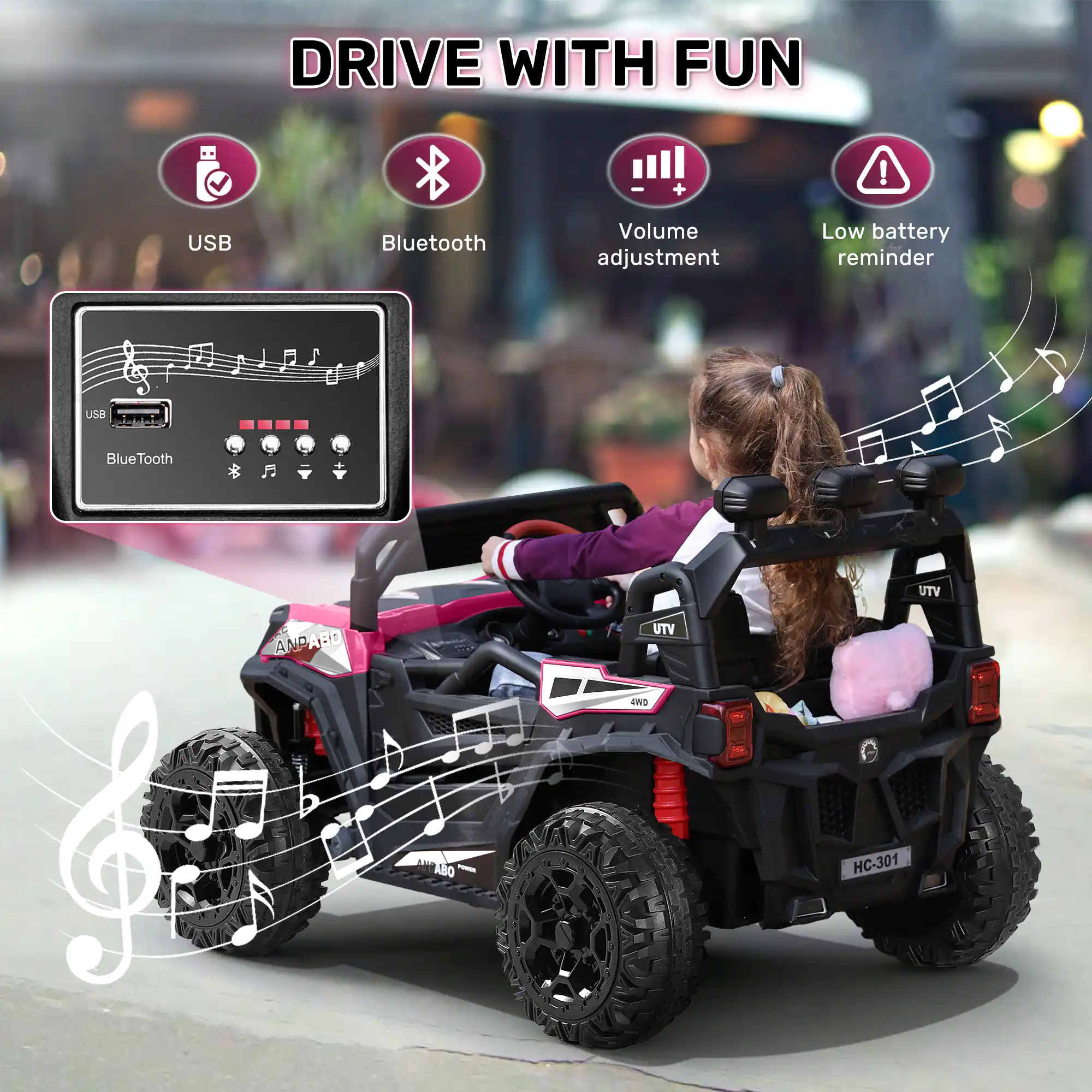 DRIVE WITH FUN

USB
Bluetooth
Volume adjustment
Low battery reminder

USB
BlueTooth
UTV
ANPABO
UTV
4WD
ABO POWER
HC-301