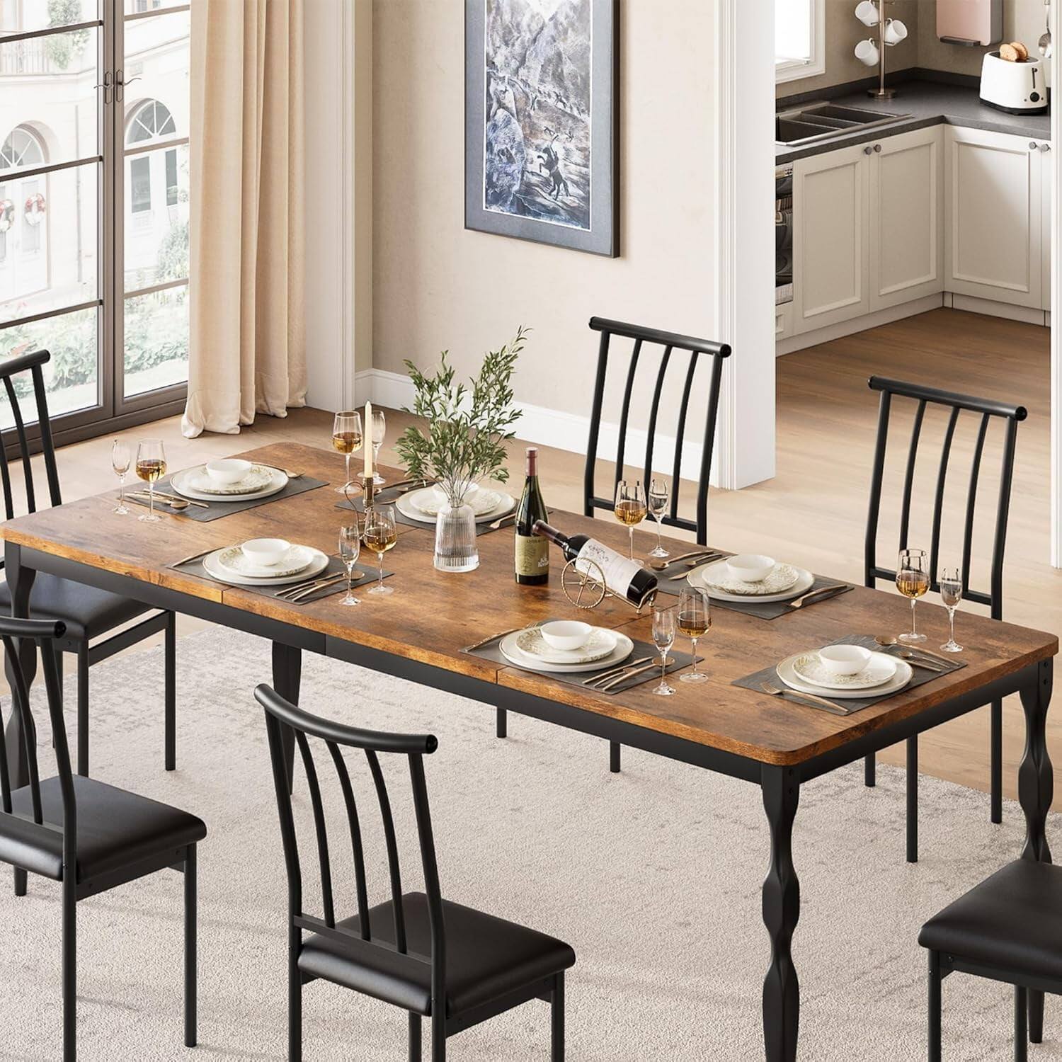 Front. Homhougo - Dining Room Table for 6 - 70.9-Inch Mid Century Kitchen Table, Waterproof for Gatherings - Retro.