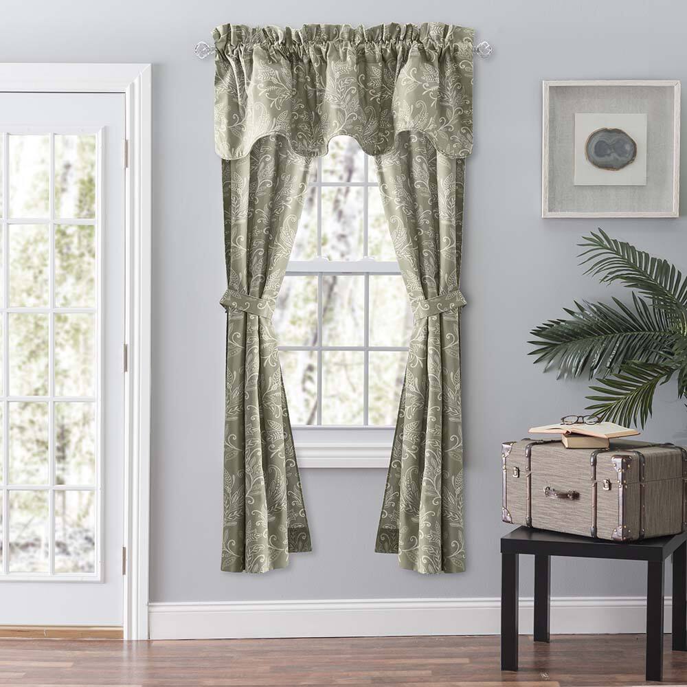 Left. Ellis Curtain - Ellis Curtain Lexington Leaf Pattern on Colored Ground Curtain Pair with Ties 56"x84" Sage - Sage.