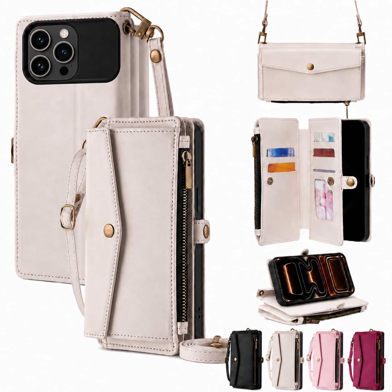 Topteng - 6-in-1 Wallet Case for iPhone 16/16 Plus/16 Pro/16 Pro Max with Wrist & Crossbody Straps, Zipper Pocket, Card Holders - iPhone 16 Pro White price history on PriceWatchPro