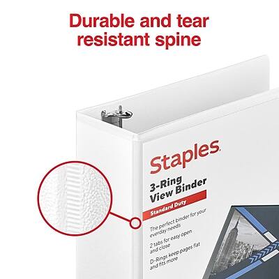 Durable and tear resistant spine

Staples
3-Ring View Binder
Standard Duty

The perfect binder for your everyday needs
2-Tabs for easy open and close
D-Rings keep pages flat and fit more