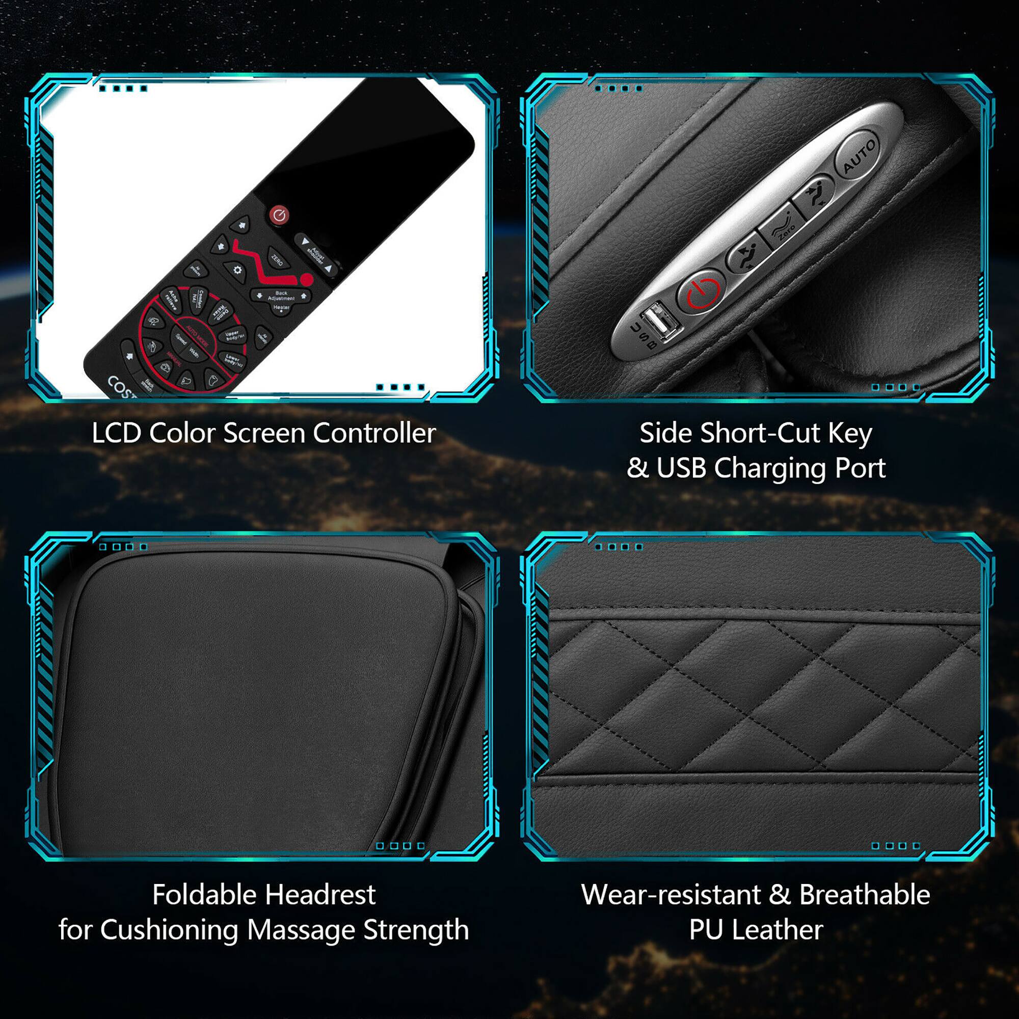 The text on the image is grouped and corrected as follows:

1. LCD Color Screen Controller
2. Auto 7 Zeto USB - Side Short-Cut Key & USB Charging Port
3. Foldable Headrest for Cushioning Massage Strength
4. Wear-resistant & Breathable PU Leather