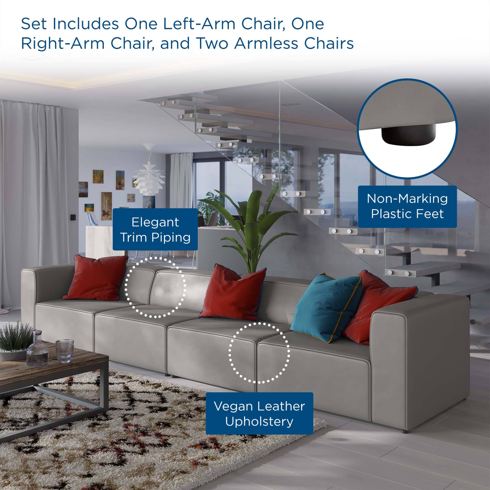 Set Includes One Left-Arm Chair, One Right-Arm Chair, and Two Armless Chairs

- Elegant Trim Piping
- Non-Marking Plastic Feet
- Vegan Leather Upholstery