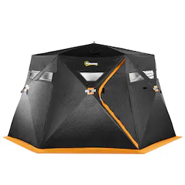 Outsunny - Ice Fishing Shelter, Pop-Up Portable Ice Fishing Tent with 360-Degree View, Two Doors, Carry Bag - Black and Orange