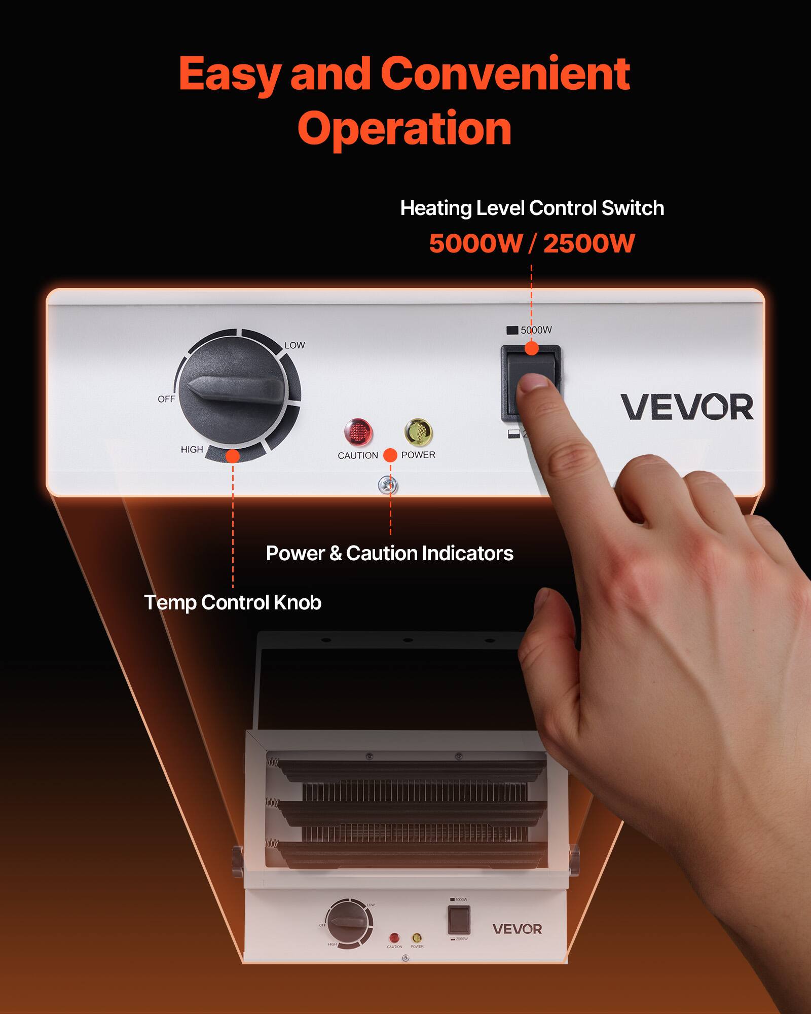 Easy and Convenient Operation

Heating Level Control Switch 5000W / 2500W

5000W
LOW
OFF
HIGH
CAUTION
POWER

Power & Caution Indicators

Temp Control Knob

VEVOR
