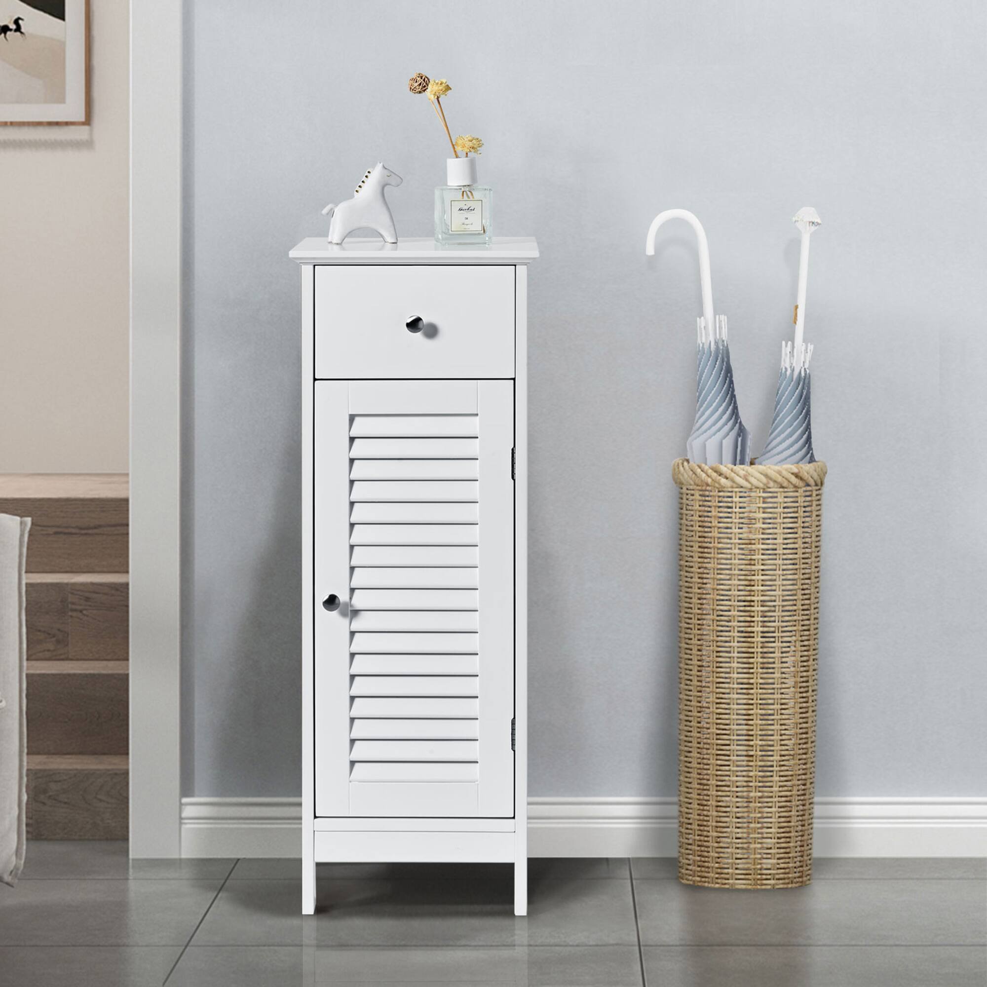 Alt View 3. Gymax - Gymax Bathroom Floor Storage Cabinet Side Wooden Organizer w/ Drawer & Shutter Door - White.