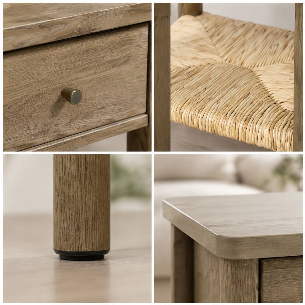 Back. Loheer - Loheer Antique Grey Nightstand Solid Wood End Table with Woven Jute Shelf and Drawer - Antique Grey.