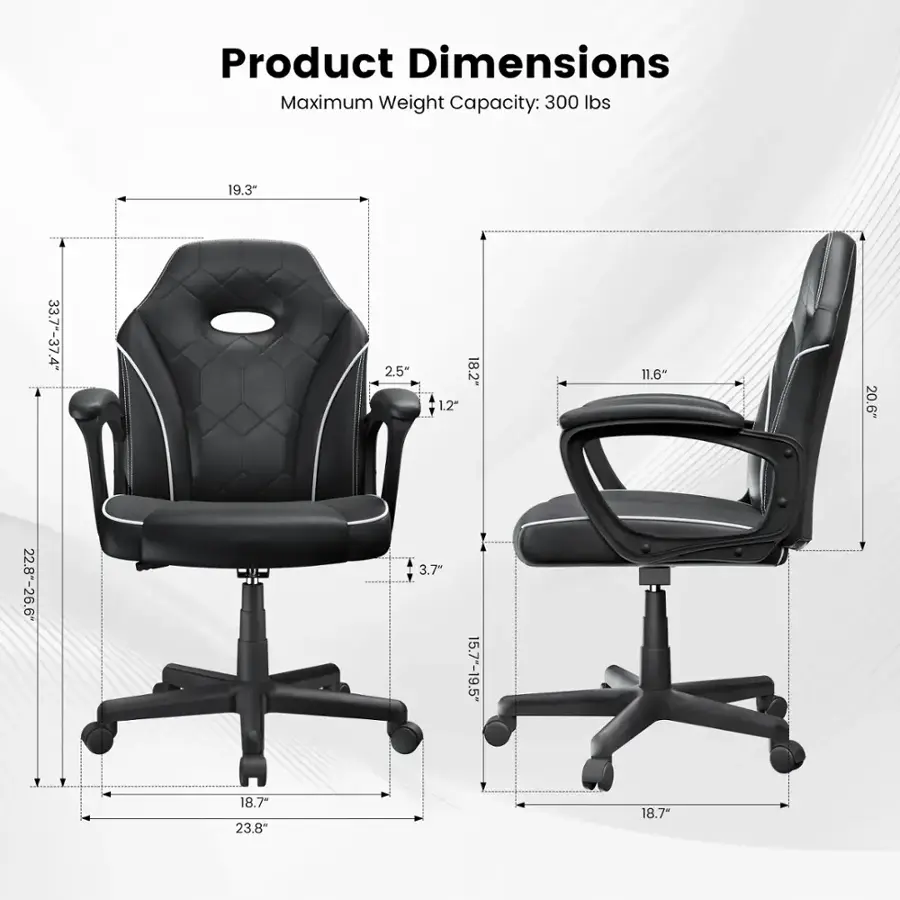 Product Dimensions: Maximum Weight Capacity: 300 lbs

19.3" 33.7"-37.4" 2.5" 18.2" 1.2" 11.6" 20.6" 22.8"-26.6" 3.7" 15.7"-19.5" 18.7" 23.8" 18.7"